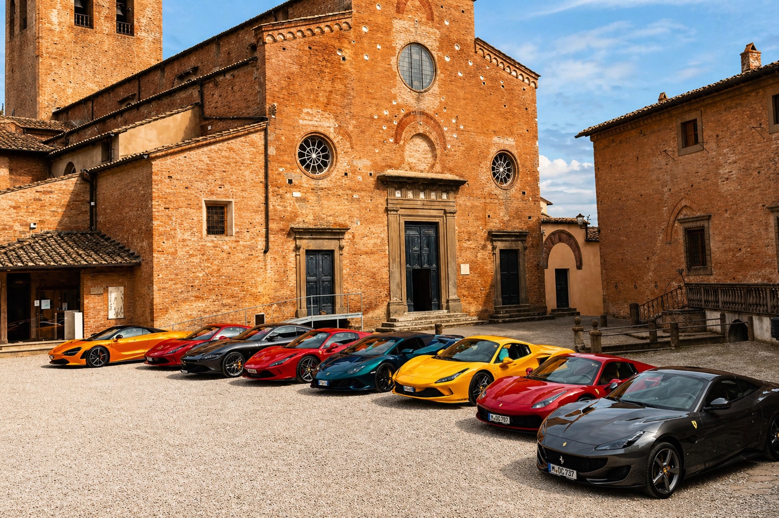 Supercars parked by a historic castle